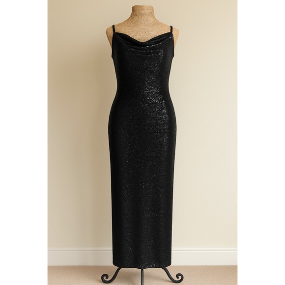 Bebe Black Sequin Maxi Slip Dress Cowl Neck 1950s Hollywood Glam Evening Gown - Picture 1 of 14